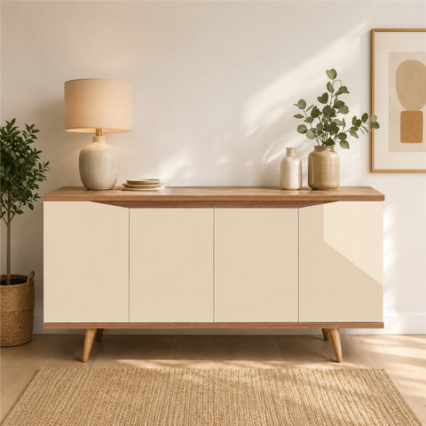 Buffet 160cm 4 Portas Pés em Madeira Maciça Grace Versátile Bege/Off White/Noce