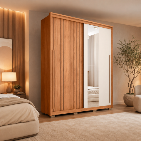Guarda Roupa Solteiro 2 Portas de Correr com Espelho 3 Gavetas Moviment 1.8 Lux Flex Caemmun