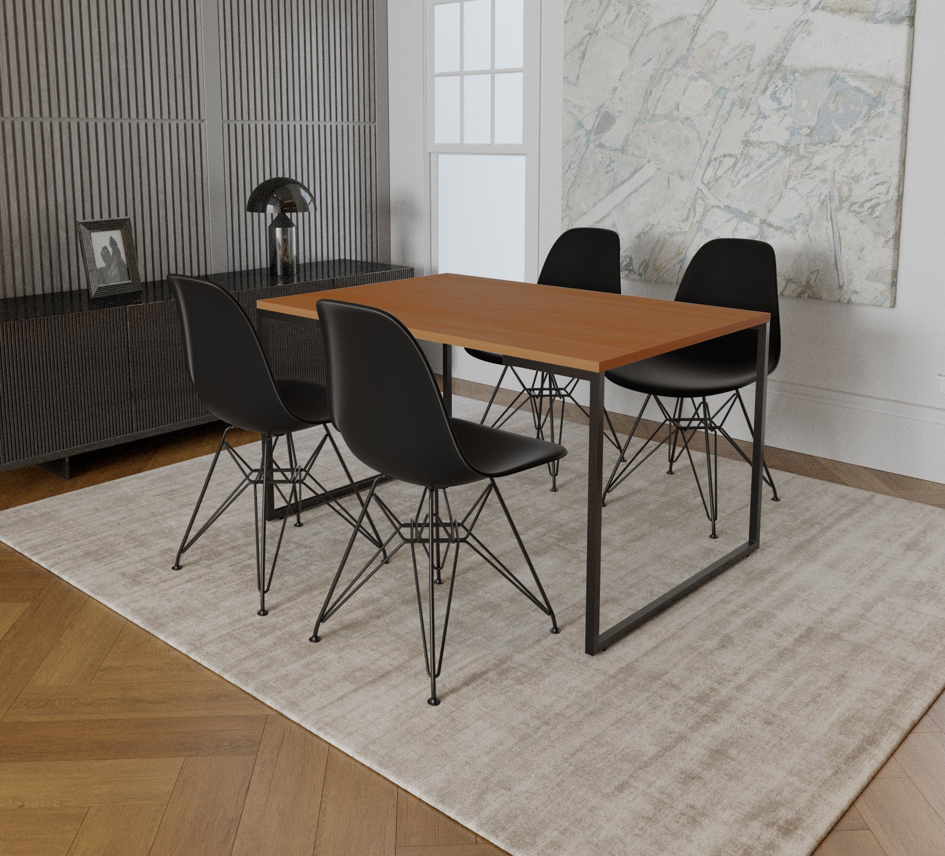 Mesa Industrial Base Ferro Preto Tampo 137x90 Canela 4 Cadeiras Eames Ferro Preto Assento Preto