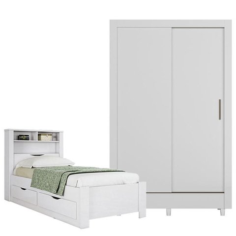 Cama Solteiro com Gavetas Invicta com Guarda Roupa Belgica Branco Brilho - Santos Andirá