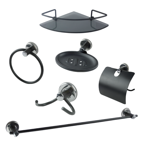 Kit Acessório para Banheiro Aço Inox 6 Peças com Porta Shampoo Vidro Canto Preto Fosco Cód. 1850