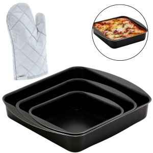 Jogo de Assadeiras Forma Quadrada 03 Peças Antiaderentes + Luva Térmica Forrada