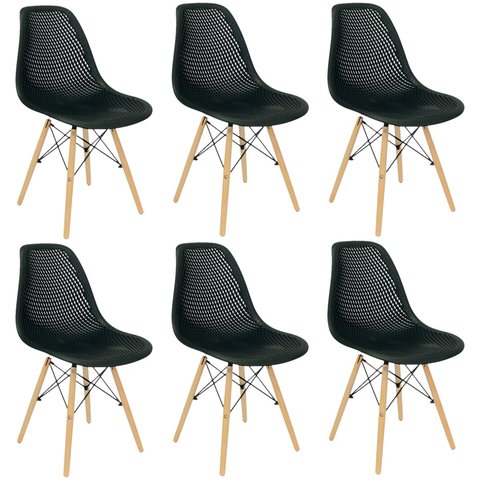 Kit 6 Cadeiras Colmeia Furadinha Heloisa Eloá Charles Eames Eiffel Base Madeira - Preta Preto