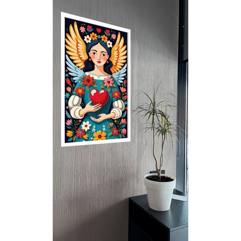 Quadro Decorativo Art Folk Mulher Asas Coração - 70x50cm:moldura Preta