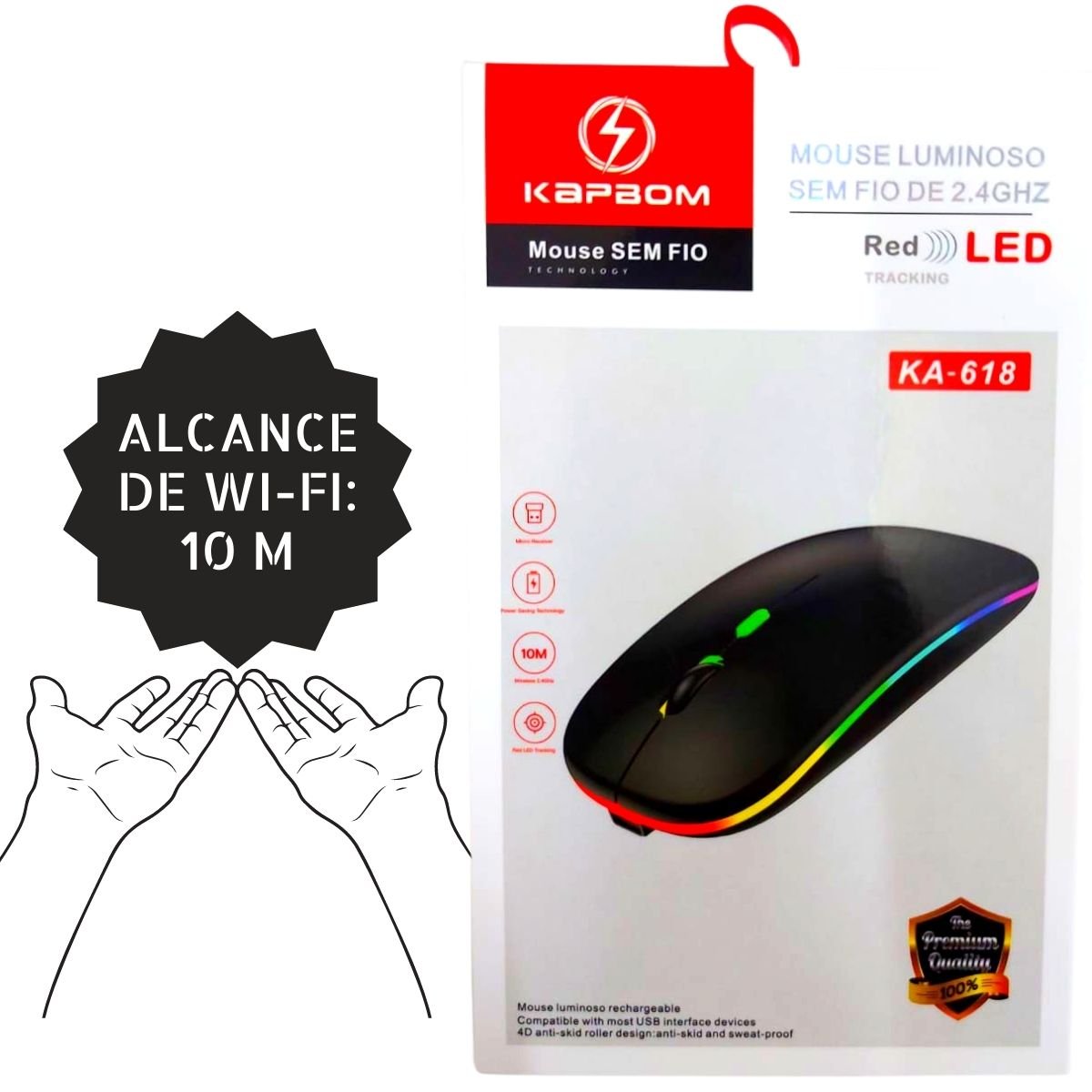 Mouse Silencioso Sem Fio Recarregável Luminoso Led RGB Kapbom KA-618 Silencioso Sem Fio Recarregavel - 9