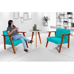 Kit Duas Poltronas Madri Material Sintético + Mesa Lateral:Turquesa - 1