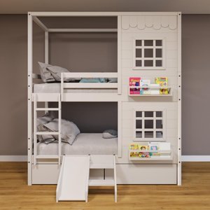 Beliche Casinha Reta 2 Janelas 2 Gavetas Escorregador Branco