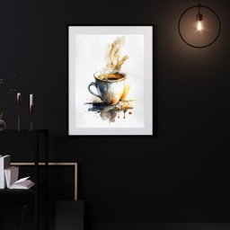 Quadro Xícara de Café Aquarela - 60x48cm:madeira Preta - 1 Quadro Xícara de Café Aquarela - 60x48cm:madeira Preta - 1