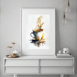 Quadro Xícara de Café Aquarela - 60x48cm:madeira Preta - 2 Quadro Xícara de Café Aquarela - 60x48cm:madeira Preta - 2