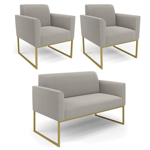 Namoradeira e 2 Poltronas Industrial Dourado Marisa Bouclê Cinza D03 - D’Rossi