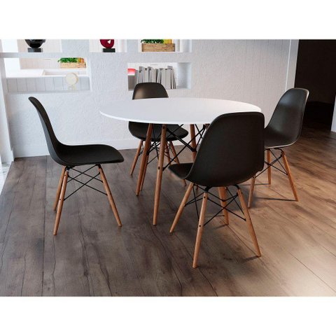 Conjunto De Mesa De Jantar Redonda 90Cm Tampo De Madeira Branco Com 4 Cadeiras Pretas