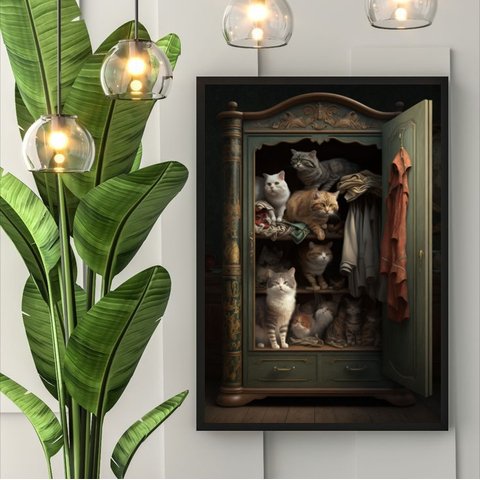 Quadro Decorativo Vintage Gatos no Armário 24x18cm - com Vidro:moldura Branca