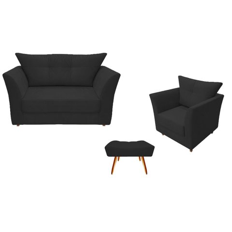 Kit Namoradeira + 1 Poltrona Decorativa Isis + 1 Puff Retangular Couro Preto Pés Madeira Mz Decor