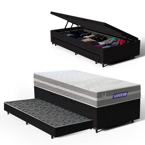 Cama Box Baú com Colchão Gazin de Molas Ensacadas One Face Air Up + Auxiliar de Espuma Solteiro