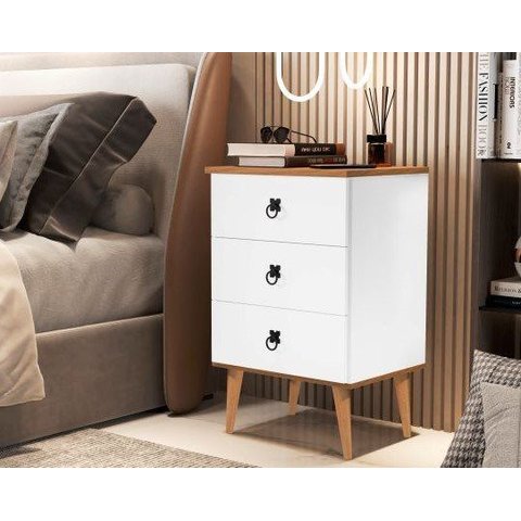 Mesa de Cabeceira Retrô com 3 Gavetas Madri:Branco/Freijó