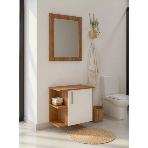 Gabinete para Banheiro com Espelheira 50cm MDF Freijo com Branco Moscou - On Móveis