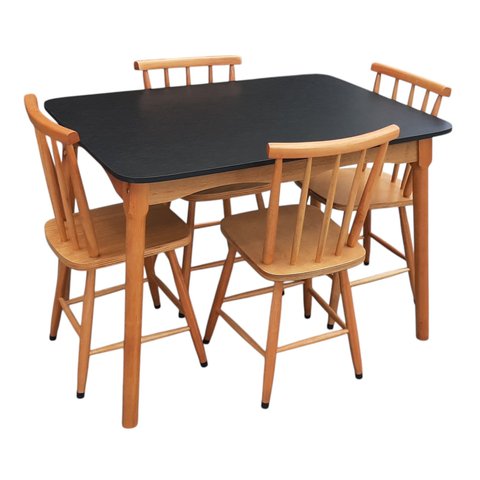 Jogo de Jantar Colonial Brisa Mesa 110x80cm 04 Cadeiras Mel, Rustico Top:mel Tampo Preto