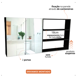 Nicho com Divisória + Armário 2 Portas Espelho Preto 50x60x15cm Preto - 3