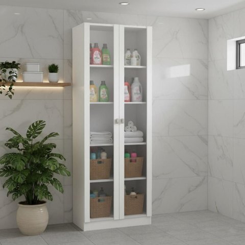 Armário Multiuso Lavanderia 2 Portas com Vidro 59,8cm Multimóveis Cr30053 Branco