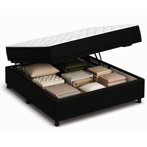 Kit Cama Box Baú Casal 138x188 cm + Colchão D33 Casal 20 cm Preto Suede