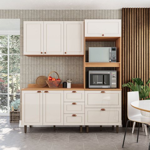 Cozinha Pérola com Tampo Completa Modulada 3 Off White/Freijó Yescasa
