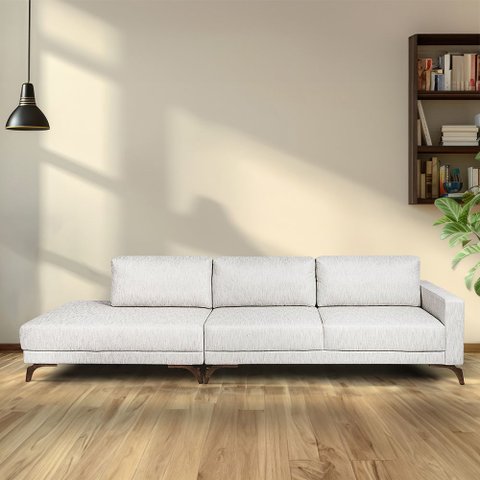 Sofa 2 Lugares 337cm com Chaise Pes em Imbuia Veludo