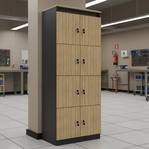 Armário Locker Guarda Volume 60x160cm 8 Portas com Chave ME4202 Marrom/Amêndoa/Preto