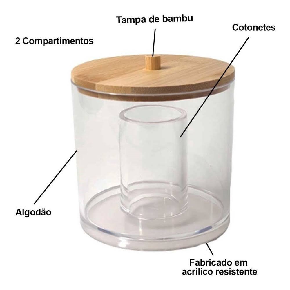 Pote Organizador 2 em 1 para Cotonete e Algodão com Tampa de Bambu - 2