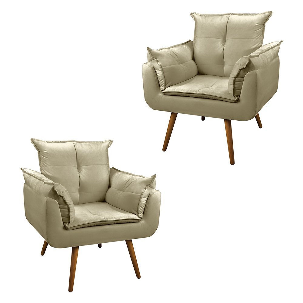 Kit 2 Poltronas Decorativa Opala Pés Palito - Suede Bege - 1