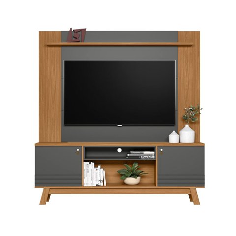 Conjunto Painel Extensível e Rack Tremonti/cronos Tv até 75 Polegadas Nature/chumbo G77 - Gran Belo