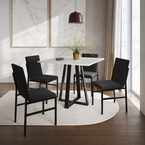 Conjunto de Jantar Mesa Mônaco 90cm Tampo Branco com 4 Cadeiras Estofadas Pretas