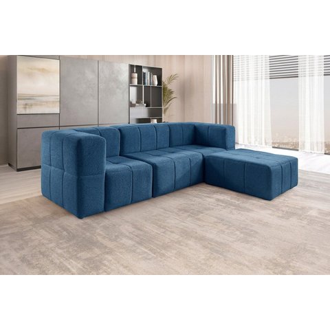 Sofá Modular com Puff 3 Lugares Bouclé Azul na Caixa 258cm