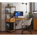 Ver imagem 2 de Mesa Home Office Criare Prateleiras Pés Aço Escritório Escrivaninha Estilo com Gaveta Cor Nature