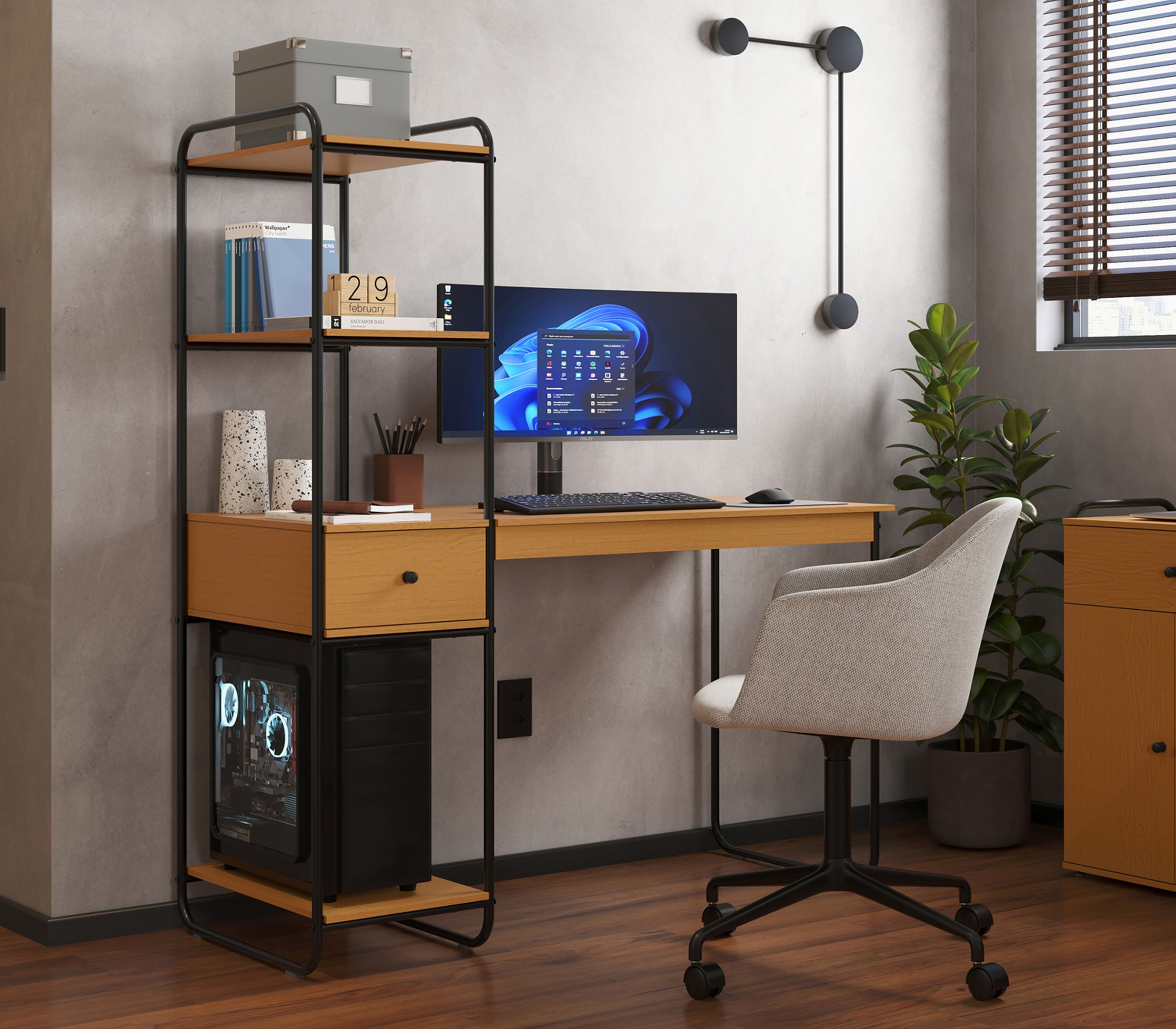 Mesa Home Office Criare Prateleiras Pés Aço Escritório Escrivaninha Estilo com Gaveta Cor Nature - 2