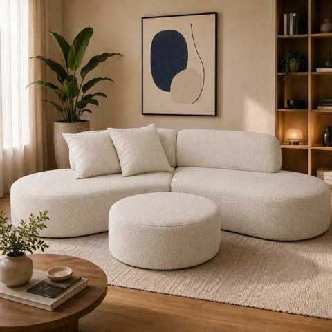 Sofá e Puff Orgânico Virginia 200cm Sala Suede: Bege