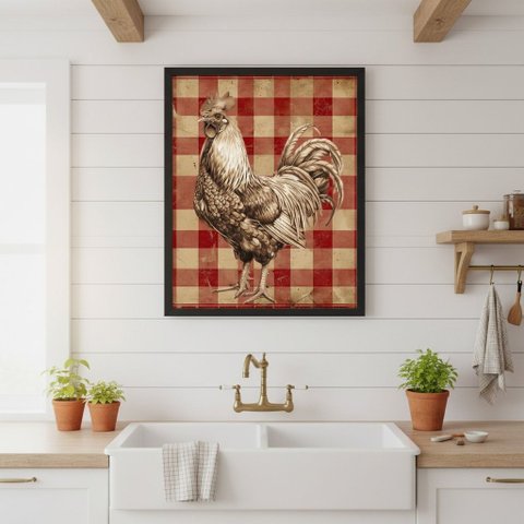 Quadr Cozinha Rústica Galo Xadrez 45x34cm Mold Branca Vidro