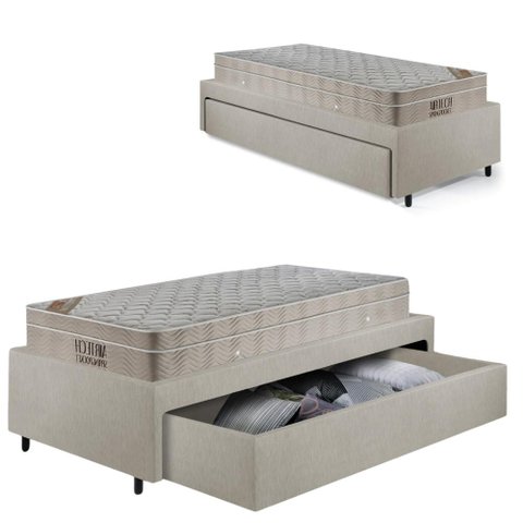 Base Box Cama Solteirão Sapateira Courino Linho Areia e Colchão Airtech Ortobom 96x203