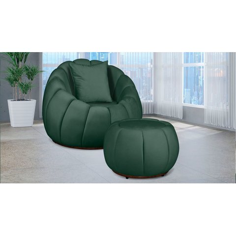 Kit Poltrona c/ Puff + Almofada Concha Veludo Verde