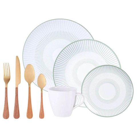 Aparelho de Jantar em Porcelana e Faqueiro Dourado Aço Inox 24 Peças Elegante Luxo