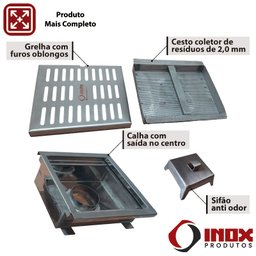 Ralo Inox Classic com Sifão Inox e Saída em Baixo no Centro - Inox 304 - 40x40x10 Cm - 4