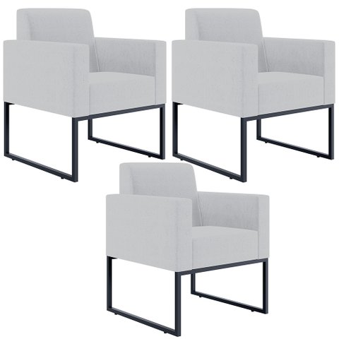 Kit 3 Poltronas Decorativas para Sala Recepção Base Fixa de Metal Helô L02 Linho Cinza - Lyam