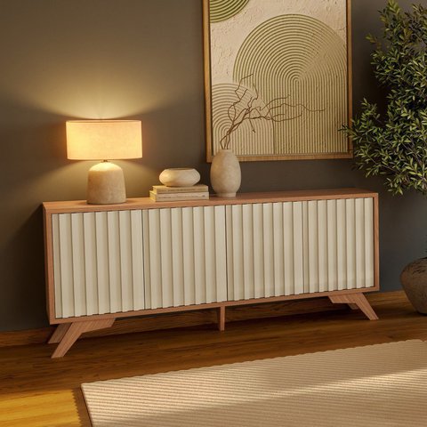 Buffet Aparador Retrô 4 Portas Ripadas 100% MDF 180cm Marrom Freijó/Off White