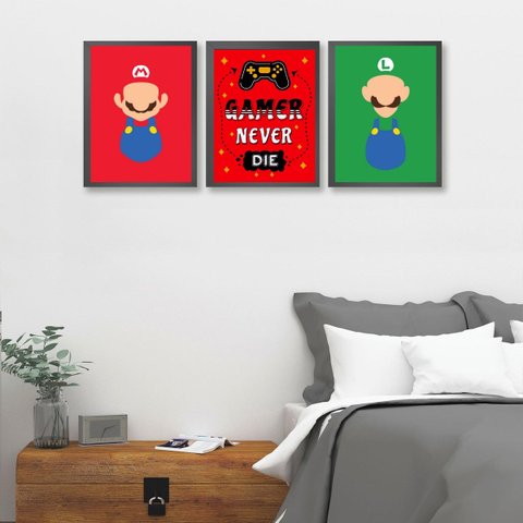 Kit 3 Quadros para Quarto Gamer Game Never die 24x18cm - com Vidro:madeira Branca