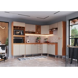 Cozinha Completa Predilleta Rafa Modulada 8 Pecas 451CM 17 Portas 2 Gavetas Com Tampo Freijo Camurca