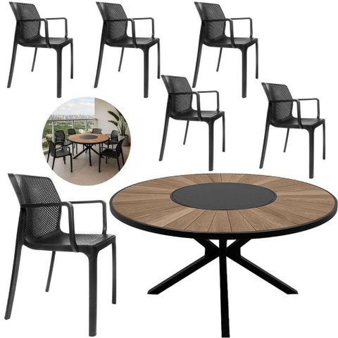 Conjunto Mesa Zurick 1,50m com Centro Giratório 6 Cadeiras Sardenha Polipropileno Alumínio Preto