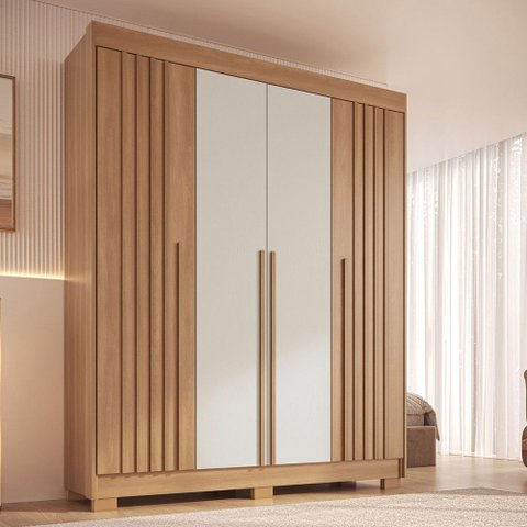 Guarda-Roupa Casal Turim 4 Portas 3 Gavetas 7 Prateleiras Ripado Freijó/Off White - Jcarvalho