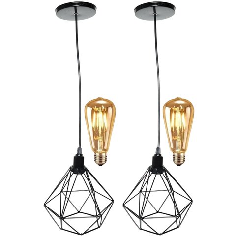 2 Pendentes Aramado Diamante Luminária Lustre Retrô Balcão Preto + 2 Lâmpadas Led ST64 Vintage