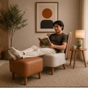Ver imagem 2 de Poltrona com Puff Decorativo Cronos Courino Caramelo | Linho Bege - Sallar Home