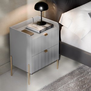 Mesa de Cabeceira com Gaveta Cinza para Quarto Moriah 45cm Pes Dourado