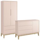 Ver imagem 1 de Jogo de Quarto Classic Guarda Roupa 2 Portas e Cômoda Rosa Fosco com Pés Madeira Natural - Reller Mó